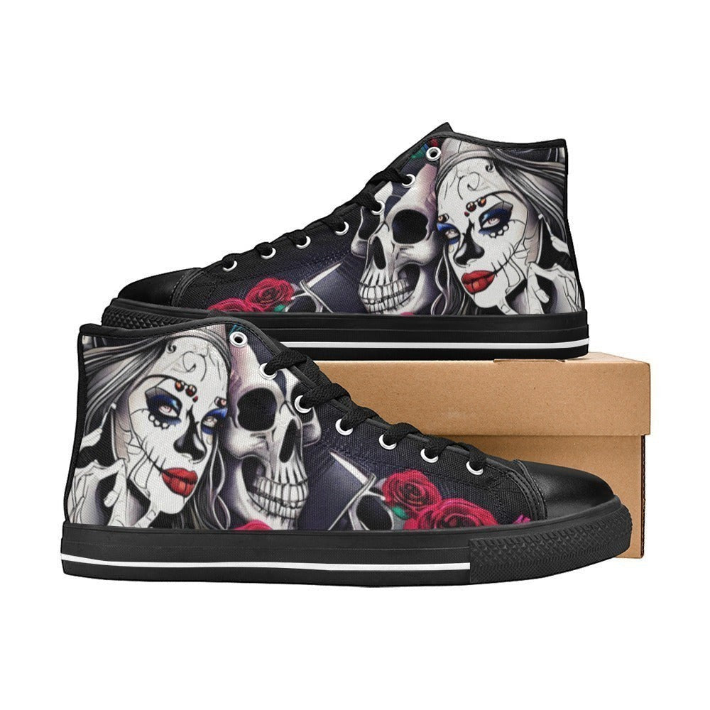 Freaky Shoes custom art sneakers featuring sugar skull and rose design, made to order wearable art