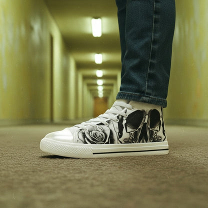 Men's Grey Skull & Roses Black & White high-top canvas shoes — one-of-a-kind custom printed art, Freaky Shoes