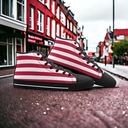 Patriotic USA Flag hand-made high-top canvas shoes — unique wearable art by Freaky Shoes
