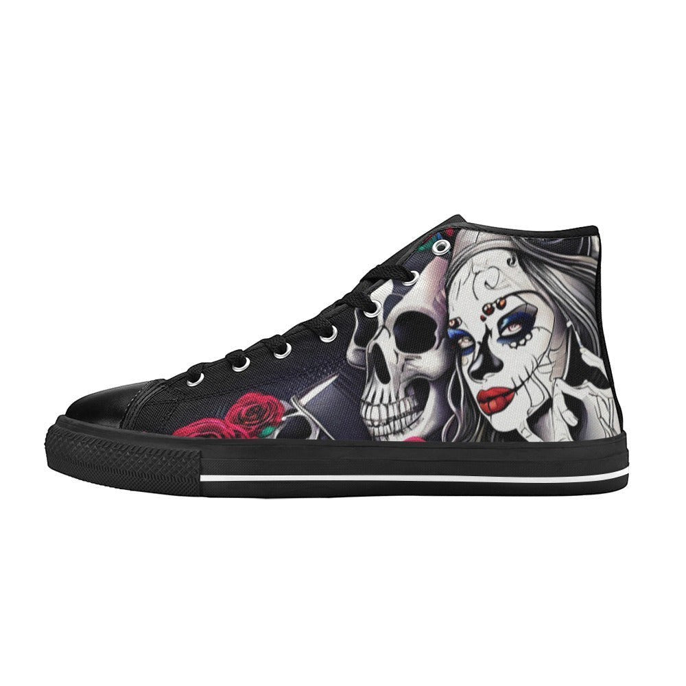 Freaky Shoes custom art sneakers featuring Day of the Dead skull art with red roses, made to order