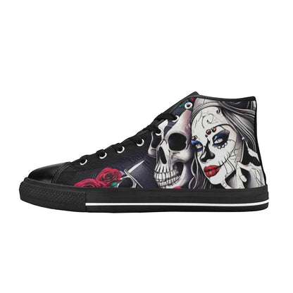 Freaky Shoes custom art sneakers featuring Day of the Dead skull art with red roses, made to order