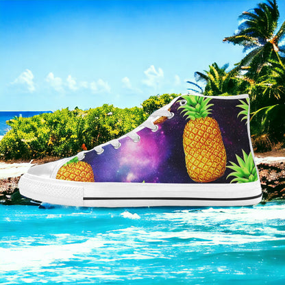 Women's Galaxy Pineapples custom high-top canvas shoes — wearable art by Freaky Shoes