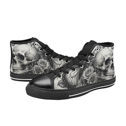 Grey Skull Roses Women's Dark Gothic Art High Top Canvas Shoes | Freaky Shoes®