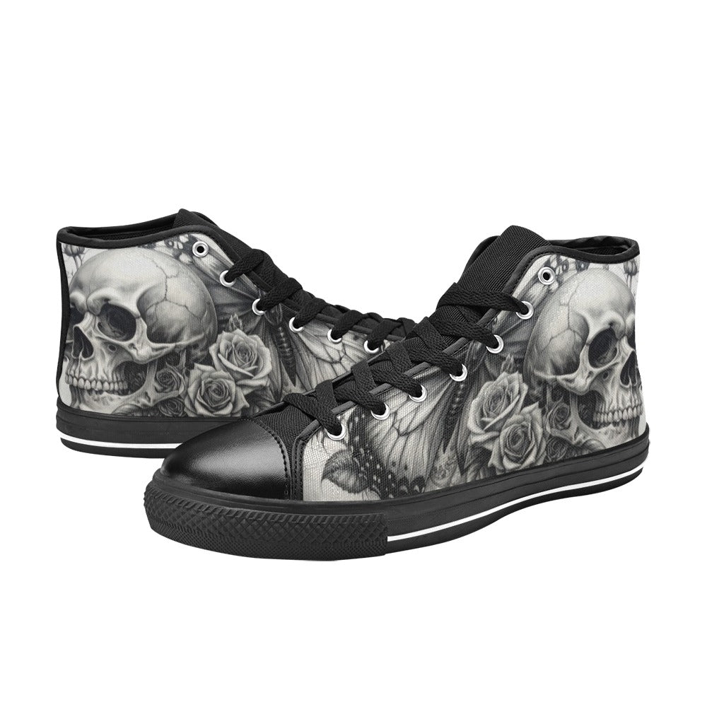 Grey Gothic Rose Skull Men's Dark Art High Top Canvas Shoes | Freaky Shoes®