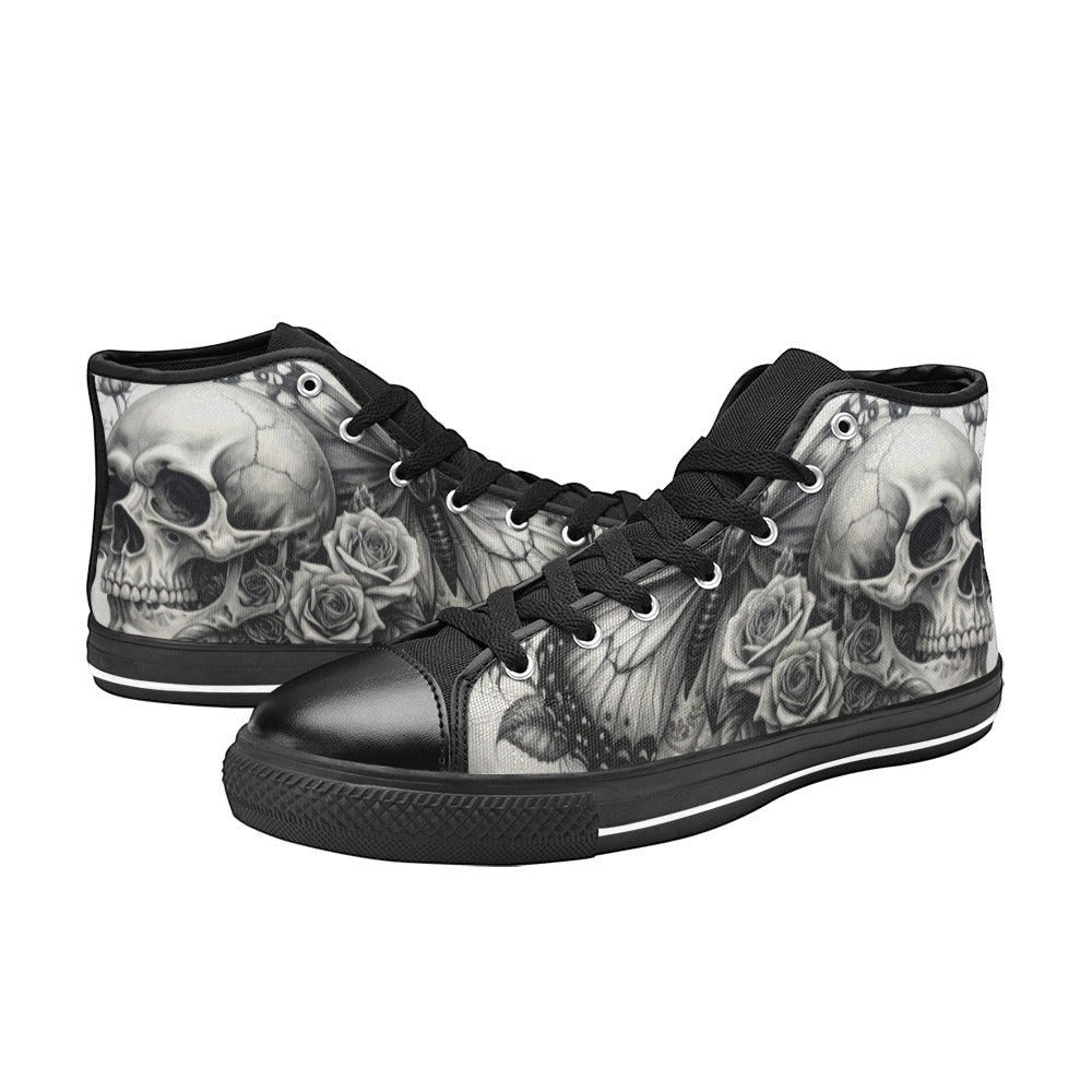 Freaky Shoes custom art sneakers with skull and rose tattoo-style art, made to order