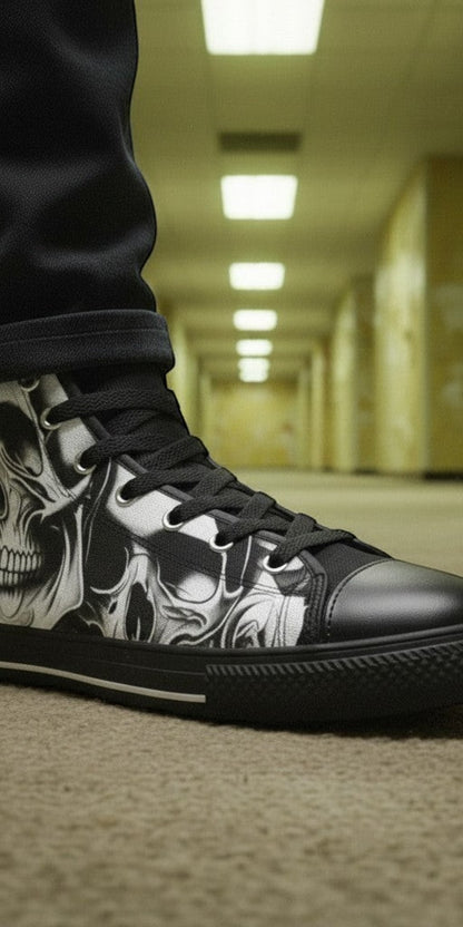 Custom Men's Cartoon Skulls & Roses high-top canvas shoes with bold all-over art — Freaky Shoes