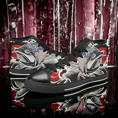 Custom Men's Japanese Fish Art high-top canvas shoes with bold all-over art — Freaky Shoes