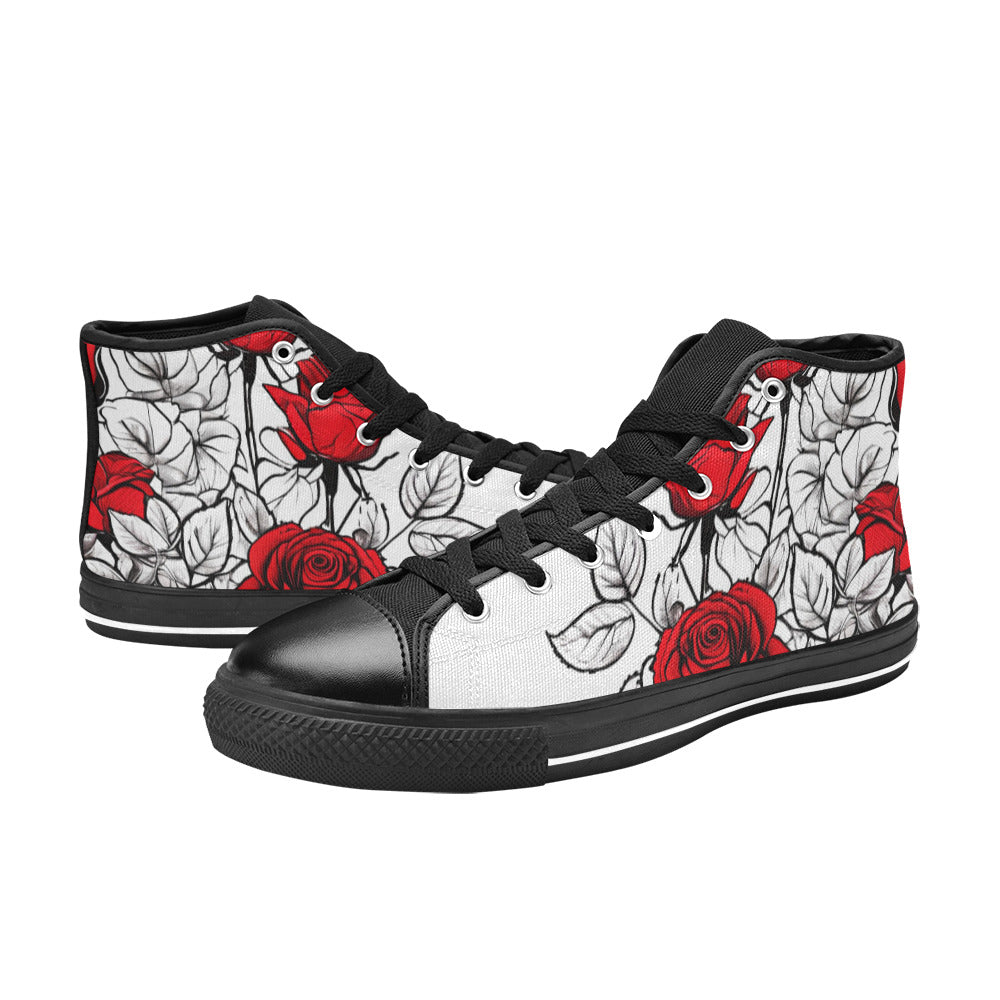 MEN'S Red Roses Pen Ink High Top Canvas Cottagecore Sneakers