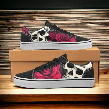Women's 8x Skulls & Roses custom low-top canvas shoes — wearable art by Freaky Shoes