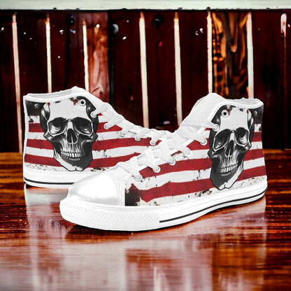 Custom Women's Patriotic Skull Art high-top canvas shoes with bold all-over art — Freaky Shoes