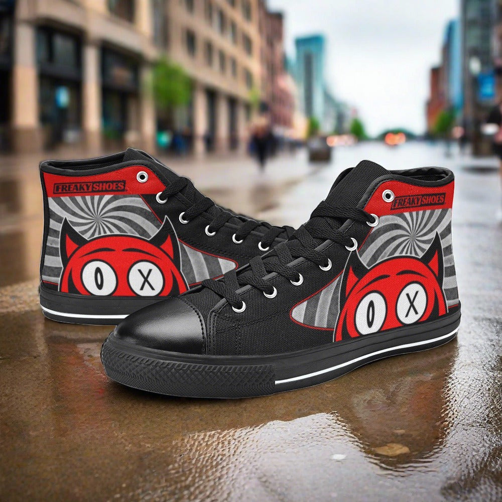 Custom Women's Devil high-top canvas shoes with bold all-over art — Freaky Shoes