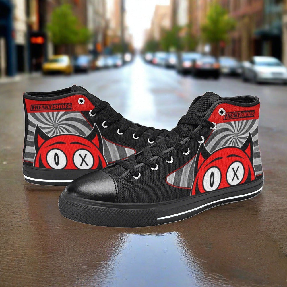 Men's Devil hand-made high-top canvas shoes — unique wearable art by Freaky Shoes