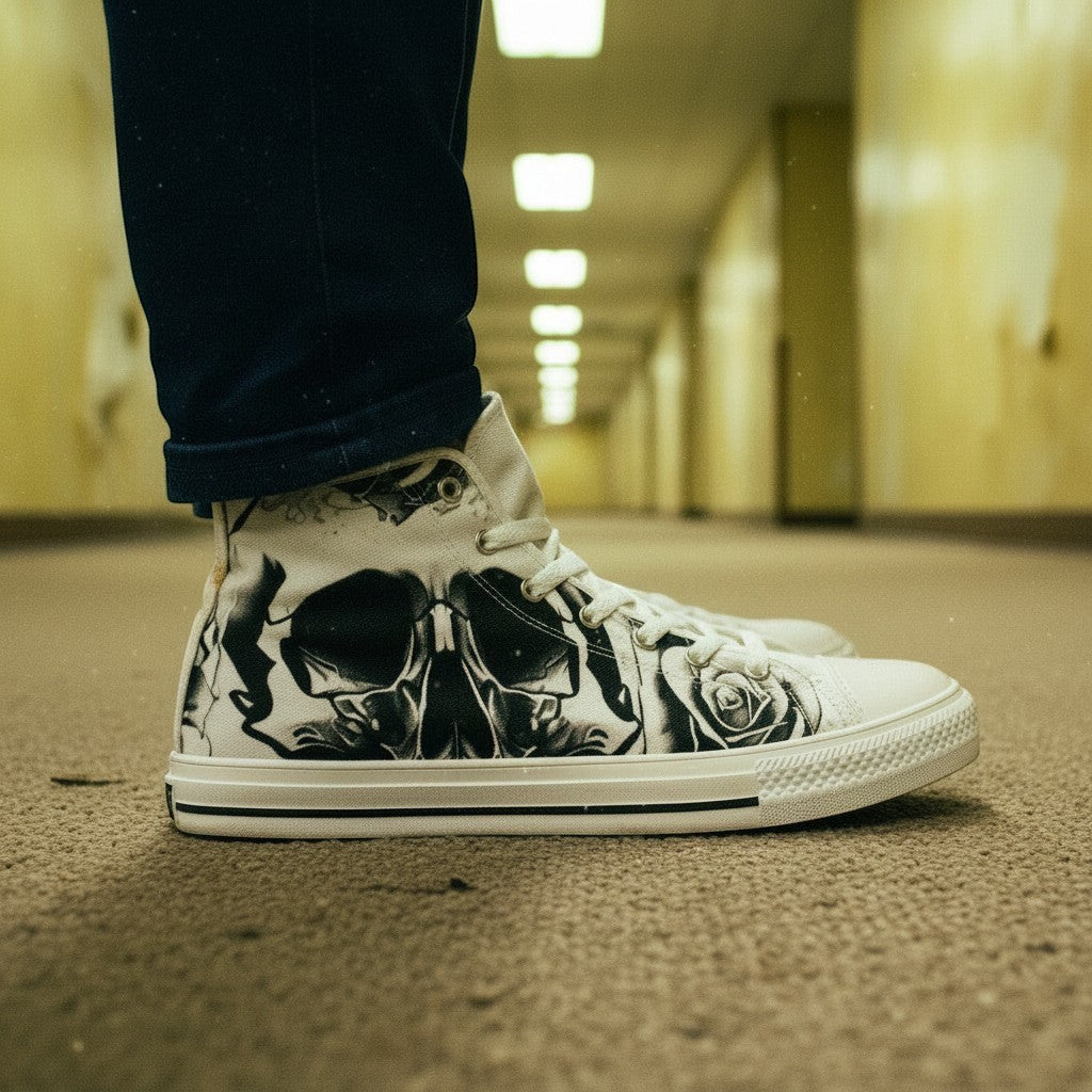 Custom Men's Grey Skull & Roses Black & White high-top canvas shoes with bold all-over art — Freaky Shoes