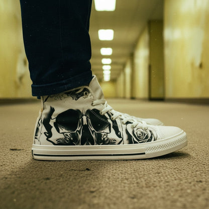 Custom Men's Grey Skull & Roses Black & White high-top canvas shoes with bold all-over art — Freaky Shoes