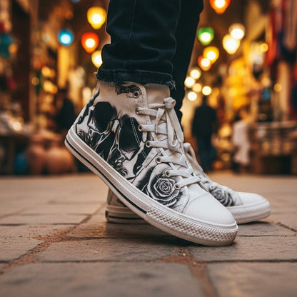 Men's Grey Skull & Roses Black & White hand-made high-top canvas shoes — unique wearable art by Freaky Shoes