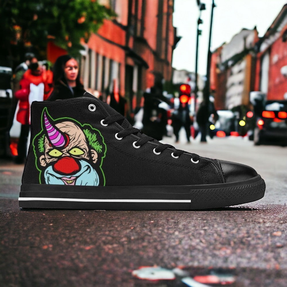 Custom Women's Clown high-top canvas shoes with bold all-over art — Freaky Shoes