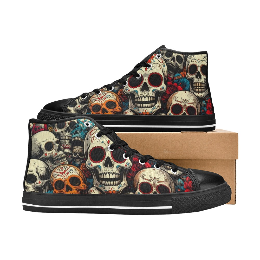 MEN'S Aggressive Halftone Sugar Skull High Top Canvas Vibrant Chaos Custom Sneakers