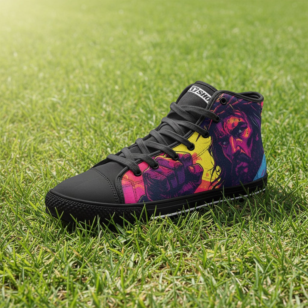 Custom Jesus Unisex high-top canvas shoes with bold all-over art — Freaky Shoes