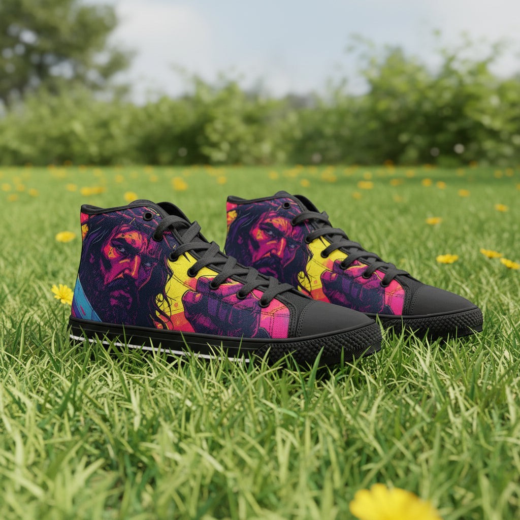 Jesus Unisex hand-made high-top canvas shoes — unique wearable art by Freaky Shoes