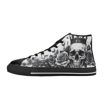 Freaky Shoes custom art sneakers featuring skull with crown and roses, made to order wearable art
