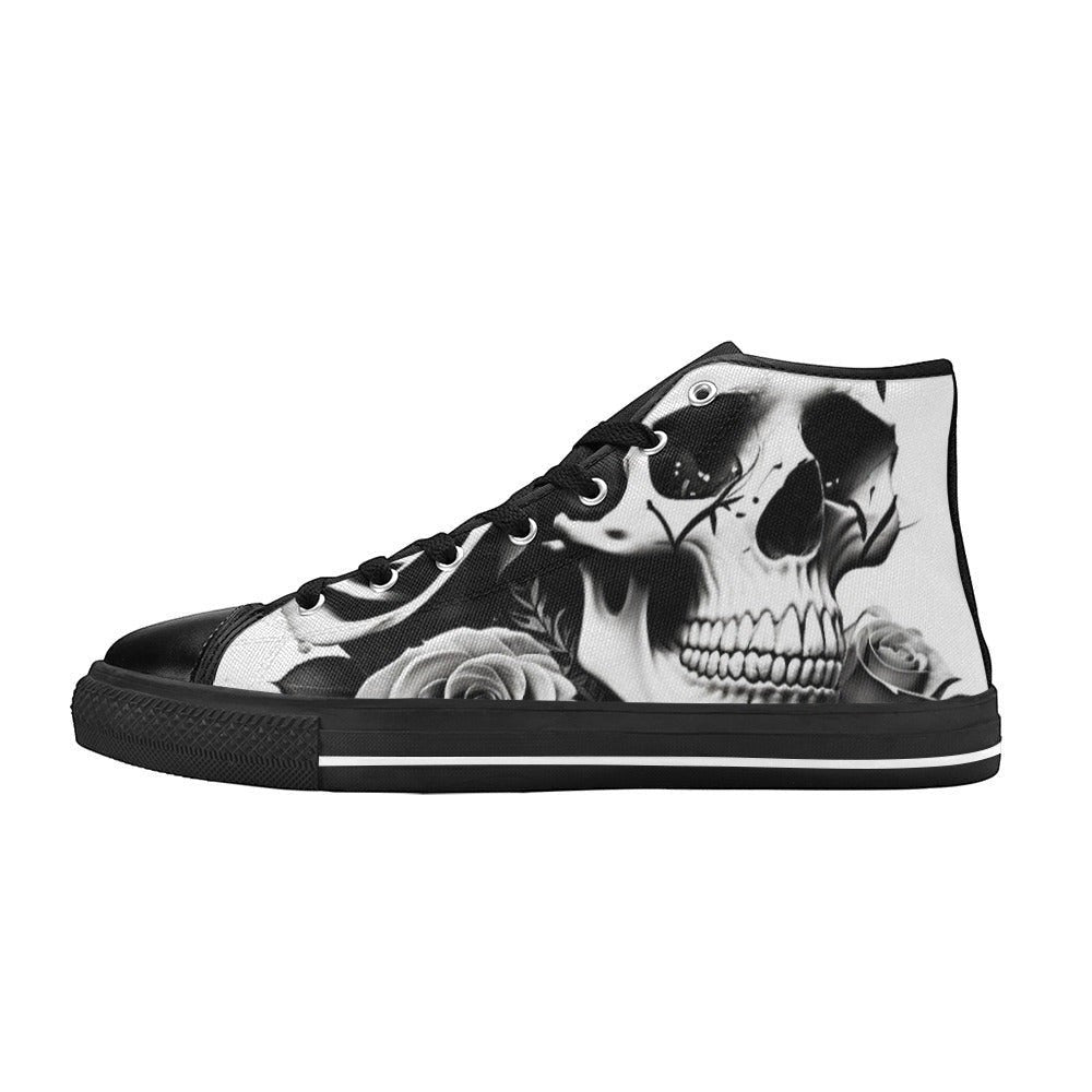 Freaky Shoes custom art sneakers featuring black and white skull art with roses, made to order