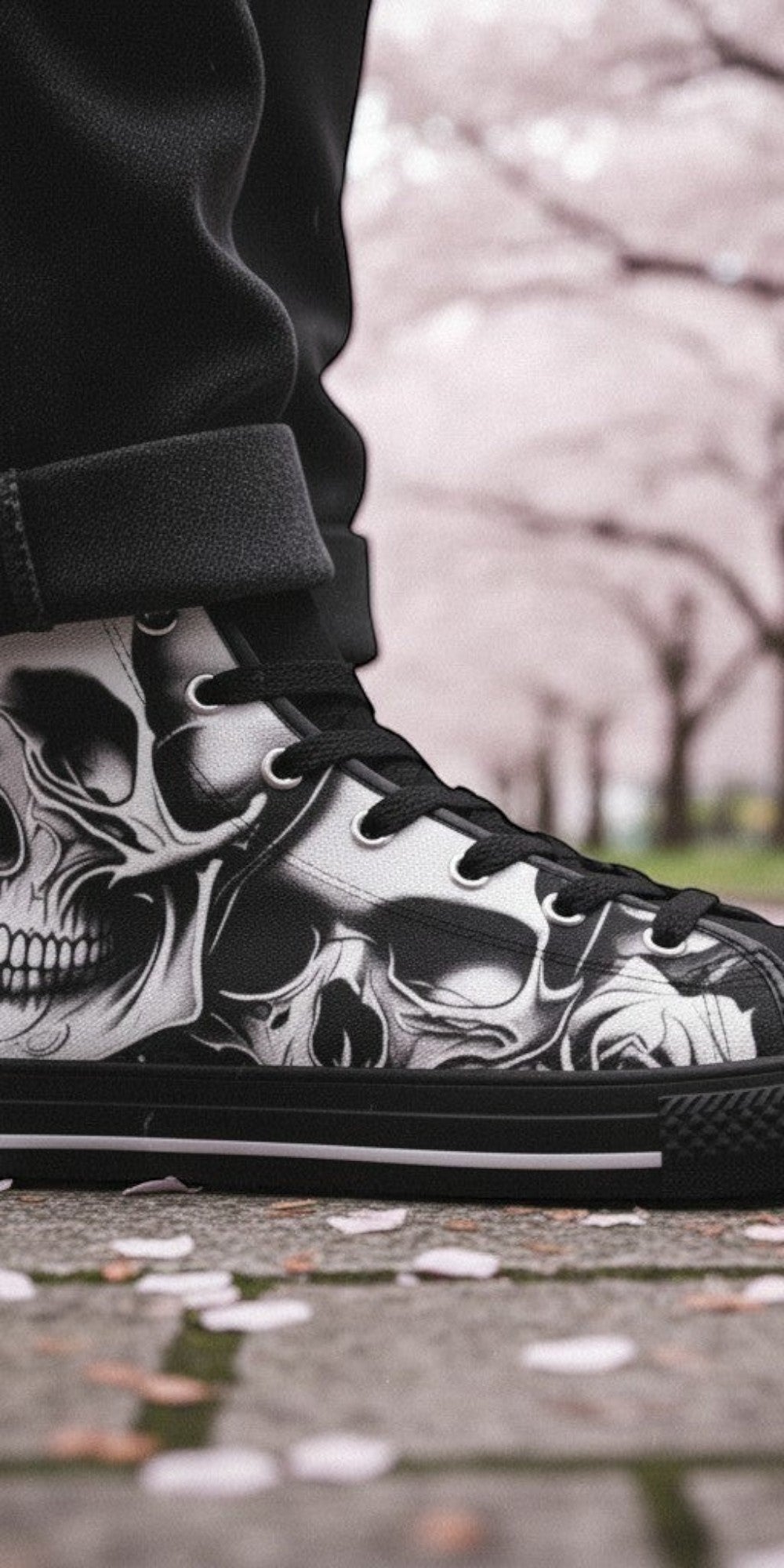 Men's Cartoon Skulls & Roses high-top canvas shoes — one-of-a-kind custom printed art, Freaky Shoes