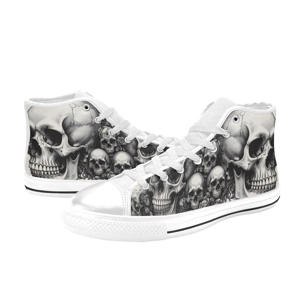 Freaky Shoes® custom art sneakers with detailed black and white skull art, made to order