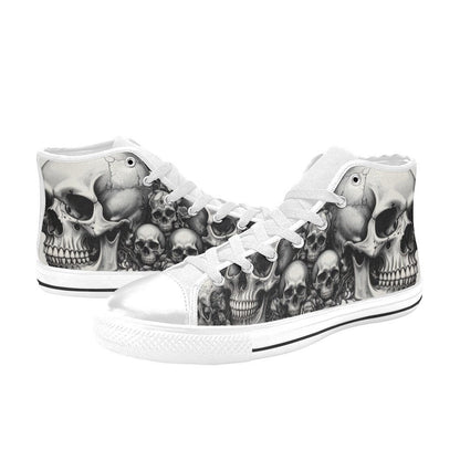 Freaky Shoes® custom art sneakers with detailed black and white skull art, made to order