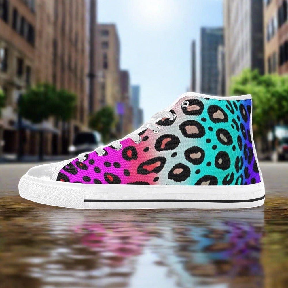 Women's Colored Leopard Art high-top canvas shoes, custom full-wrap printed design — Freaky Shoes