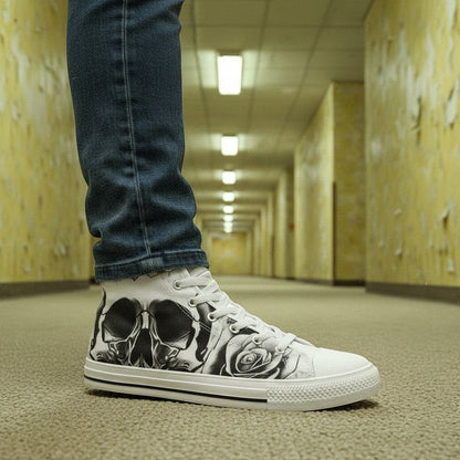 Men's Grey Skull & Roses Black & White high-top canvas shoes — one-of-a-kind custom printed art, Freaky Shoes