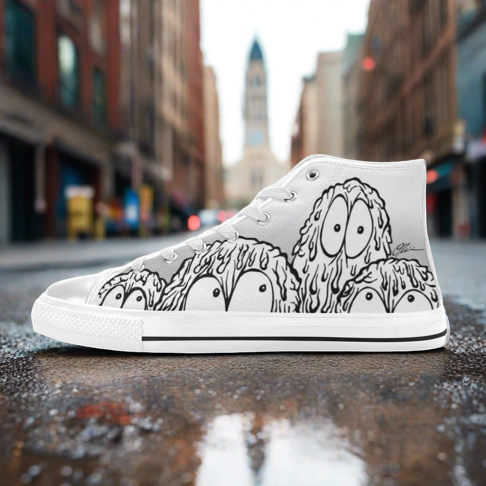 Custom Women's Monsters high-top canvas shoes with bold all-over art — Freaky Shoes