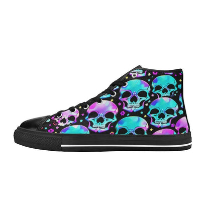 Freaky Shoes custom art sneakers with neon skull art on black canvas, made to order wearable art