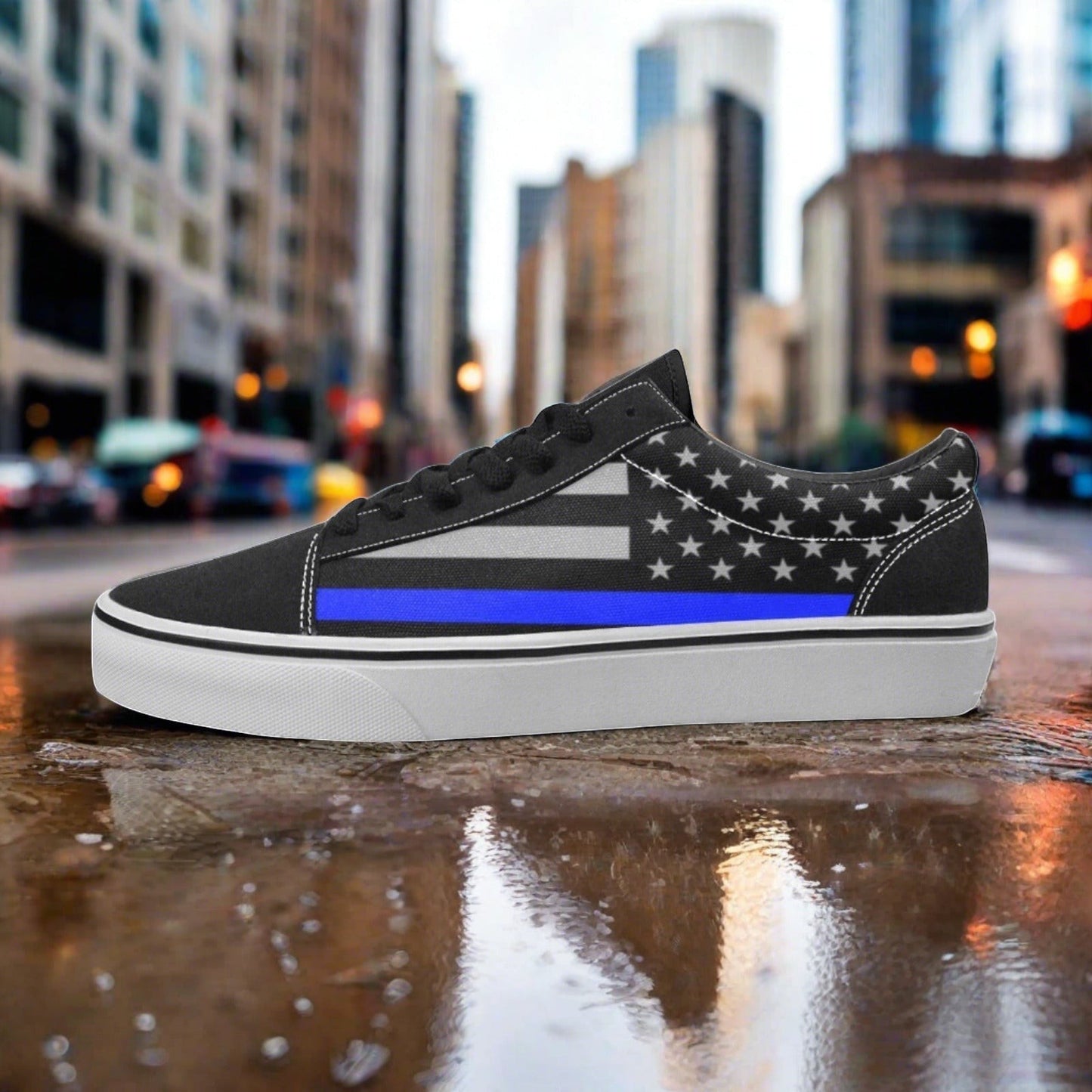 Men's Thin Blue Line Flag Themed low-top canvas shoes, custom full-wrap printed design — Freaky Shoes
