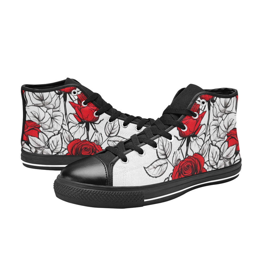 WOMEN'S Art Red Roses Pen High Top Canvas Vivid Custom Sneakers