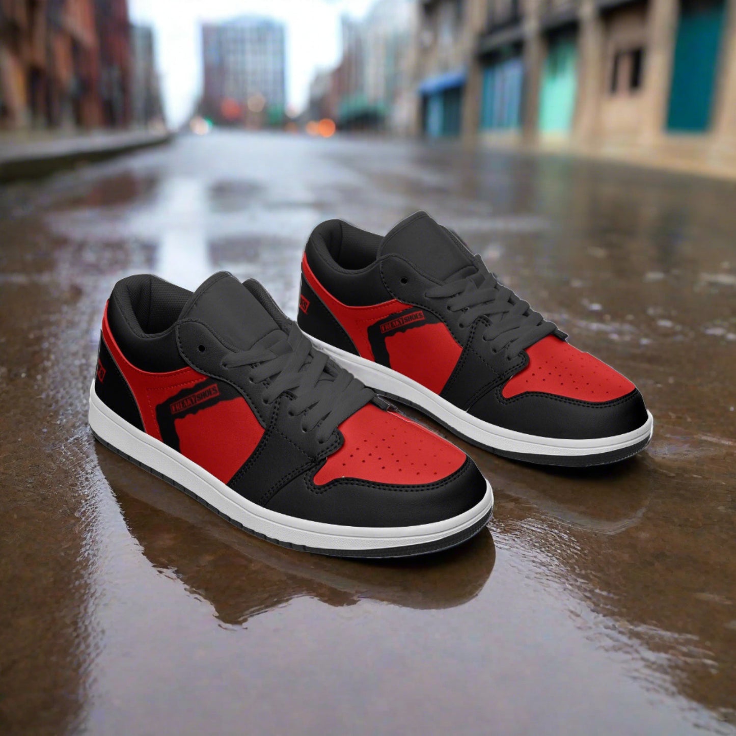 Freaky Shoes® Red and Black Unisex Low Top Leather Sneakers