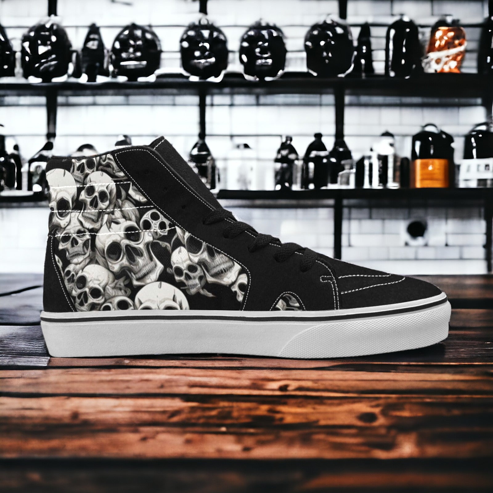 Men's Skulls Mania high-top canvas shoes, custom full-wrap printed design — Freaky Shoes
