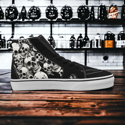 Men's Skulls Mania high-top canvas shoes, custom full-wrap printed design — Freaky Shoes