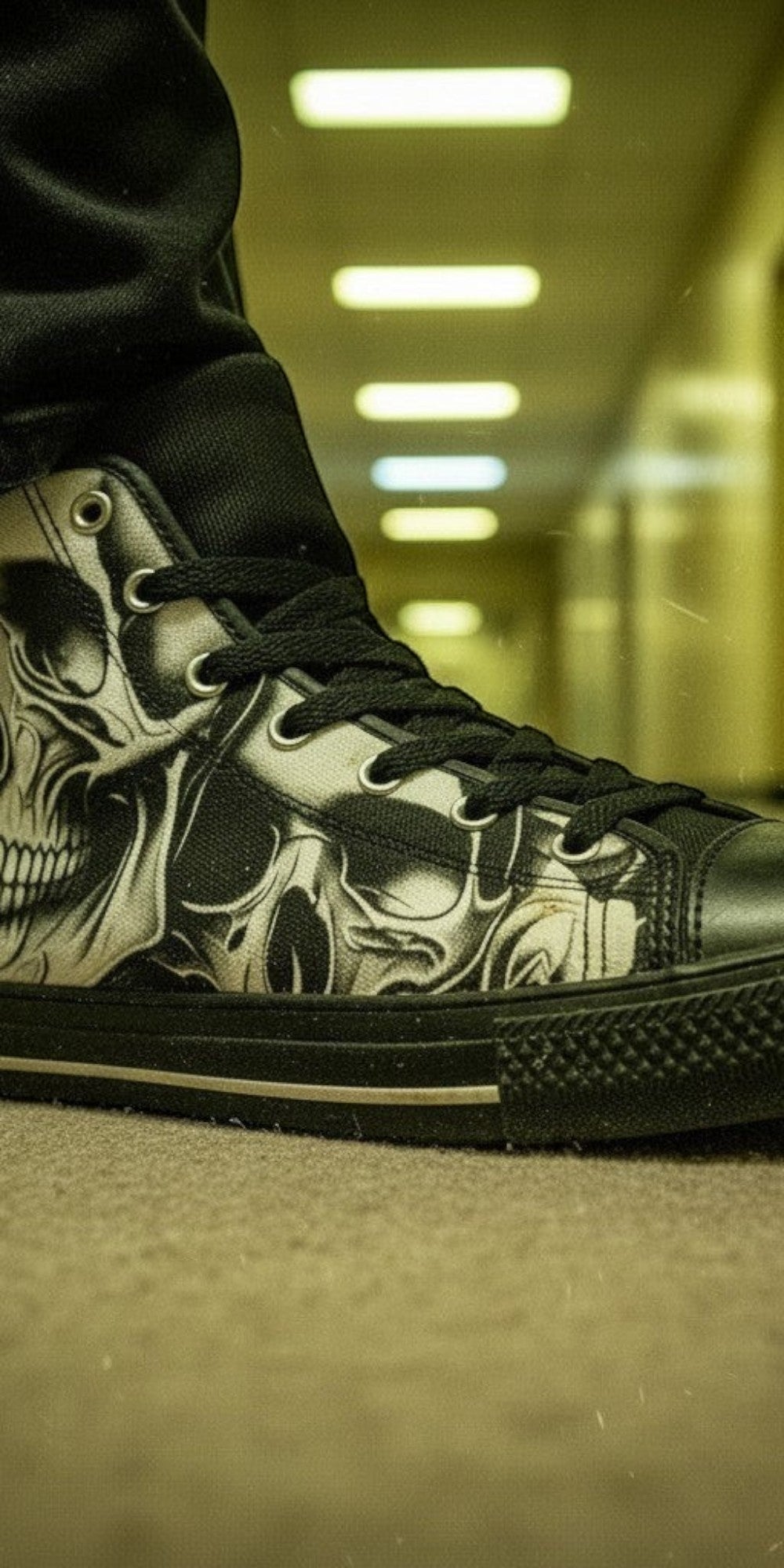 Men's Cartoon Skulls & Roses high-top canvas shoes, custom full-wrap printed design — Freaky Shoes
