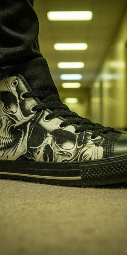 Men's Cartoon Skulls & Roses high-top canvas shoes, custom full-wrap printed design — Freaky Shoes