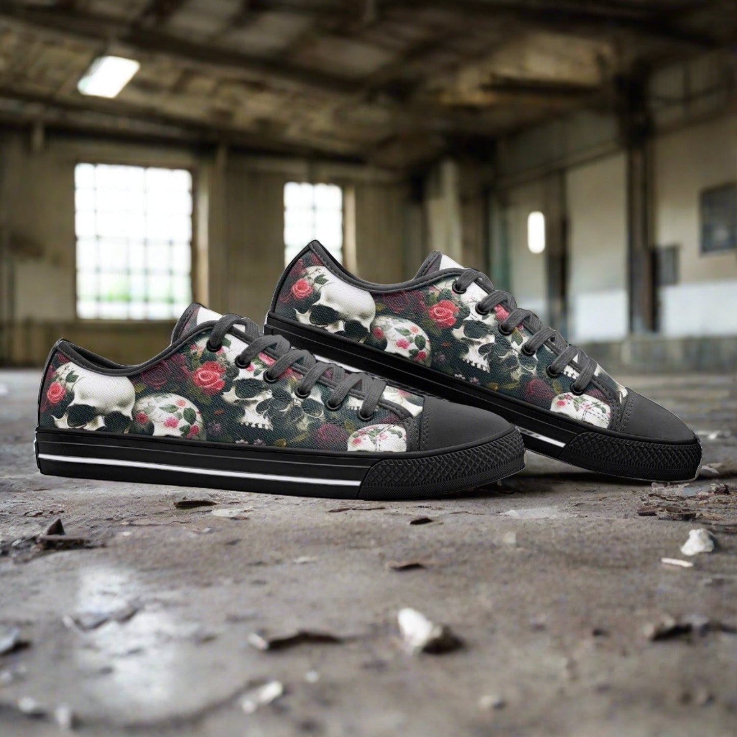Skulls & Roses high-top canvas shoes — one-of-a-kind custom printed art, Freaky Shoes