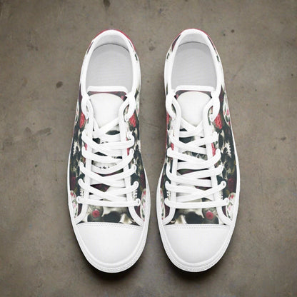 Custom Skulls & Roses high-top canvas shoes with bold all-over art — Freaky Shoes