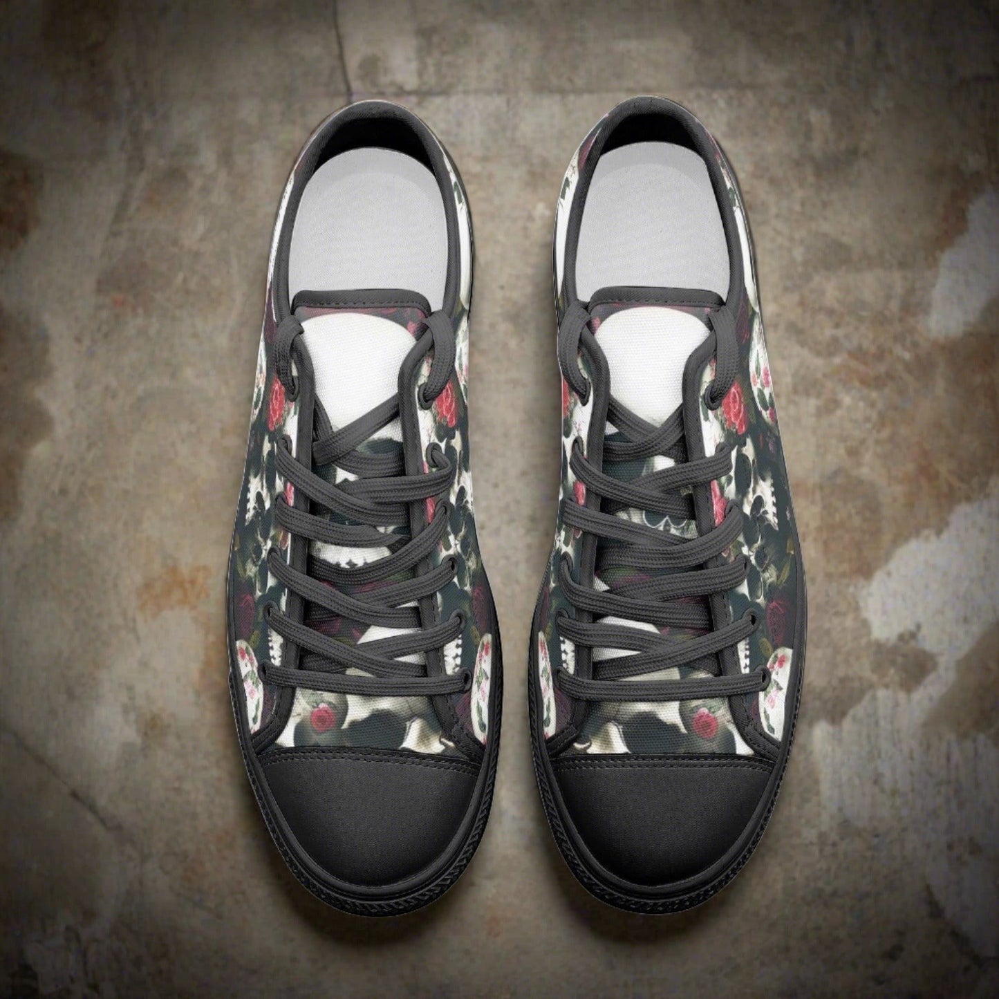 Skulls & Roses custom high-top canvas shoes — wearable art by Freaky Shoes