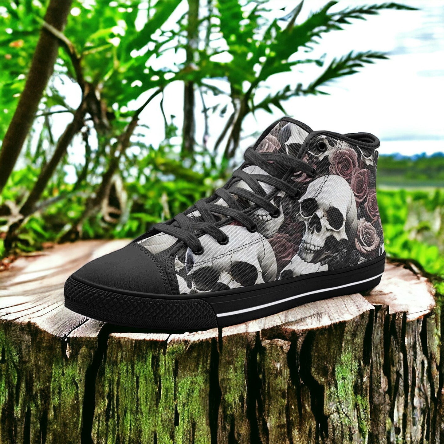 Skull Roses Love high-top canvas shoes, custom full-wrap printed design — Freaky Shoes