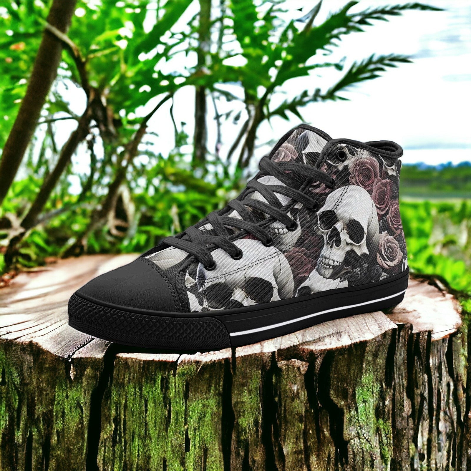 Skull Roses Love high-top canvas shoes, custom full-wrap printed design — Freaky Shoes