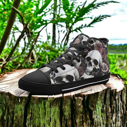 Skull Roses Love high-top canvas shoes, custom full-wrap printed design — Freaky Shoes