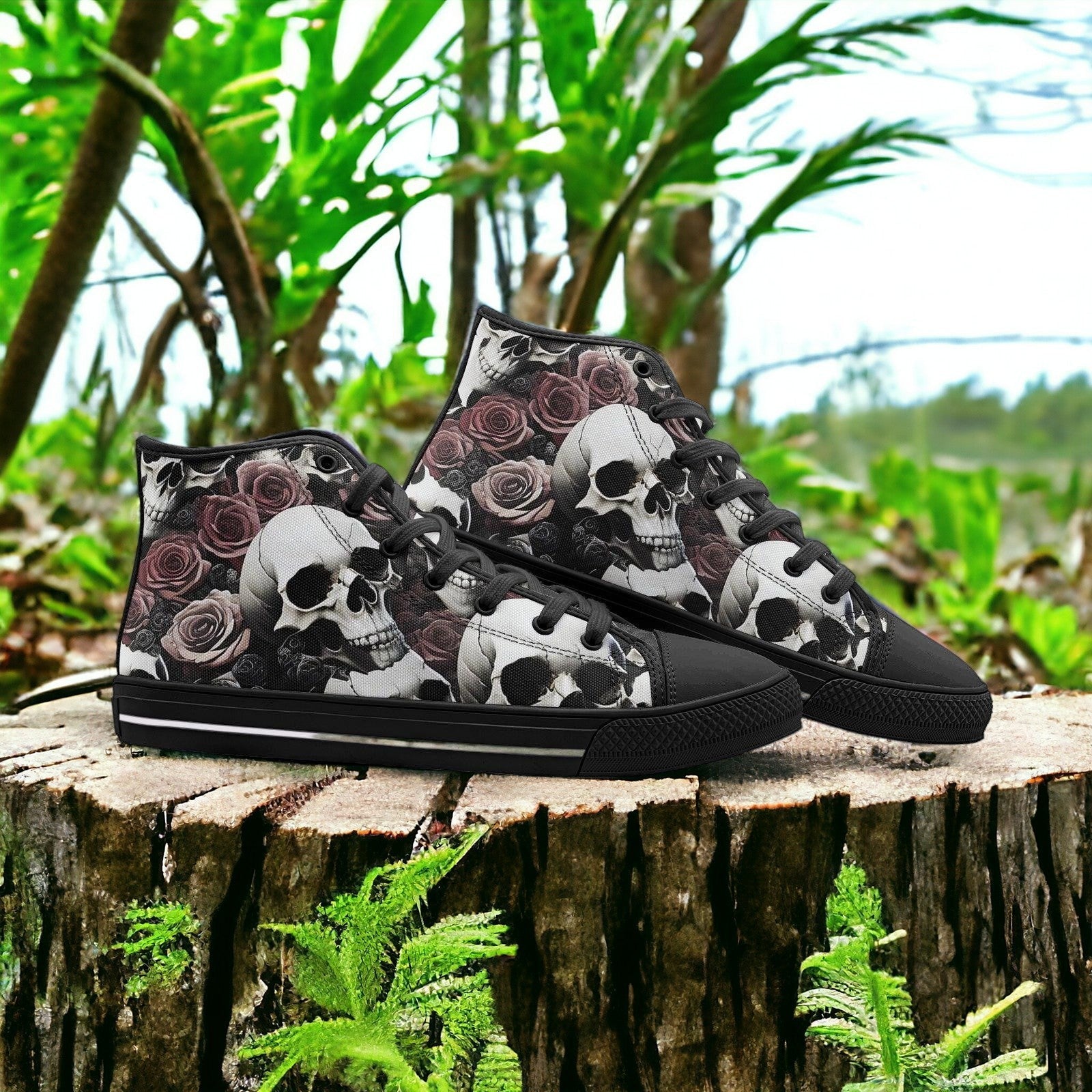 Custom Skull Roses Love high-top canvas shoes with bold all-over art — Freaky Shoes