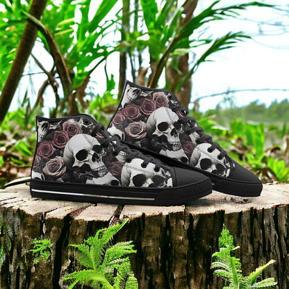 Custom Skull Roses Love high-top canvas shoes with bold all-over art — Freaky Shoes