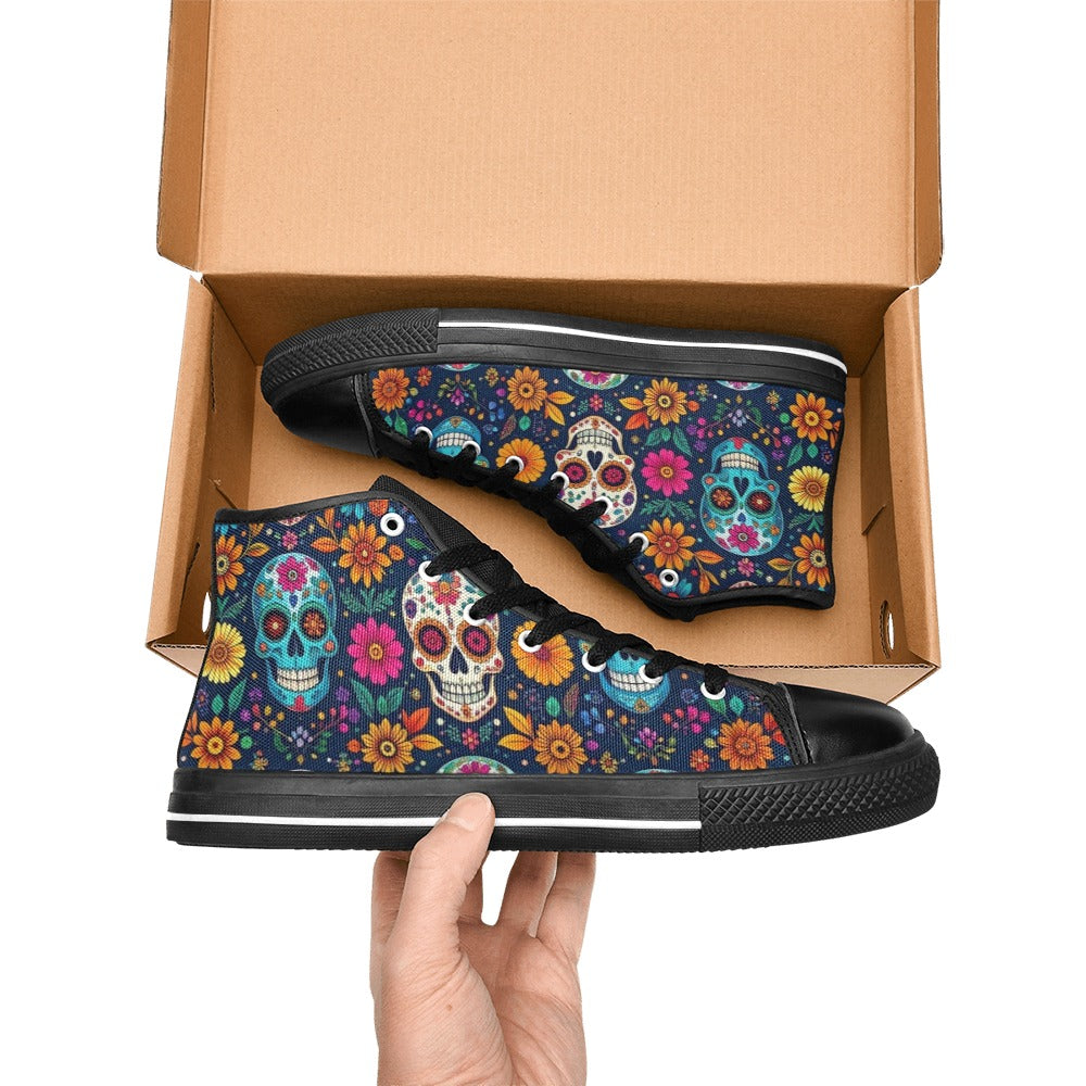 WOMEN'S Rainbow Sugar Skull Weave High Top Canvas Cottagecore Custom Sneakers
