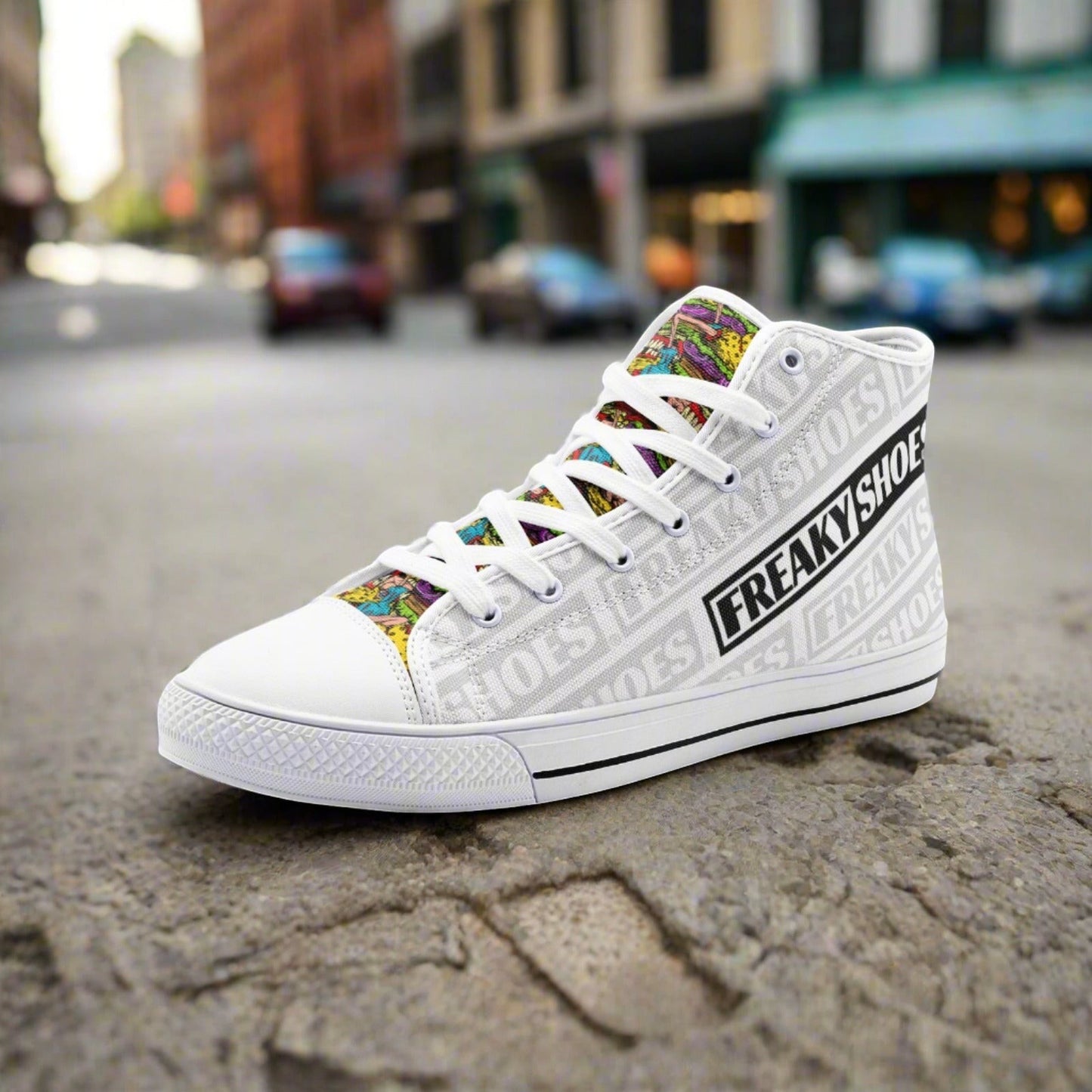 Cheeseburger Monster Freestyle Art custom high-top canvas shoes — wearable art by Freaky Shoes