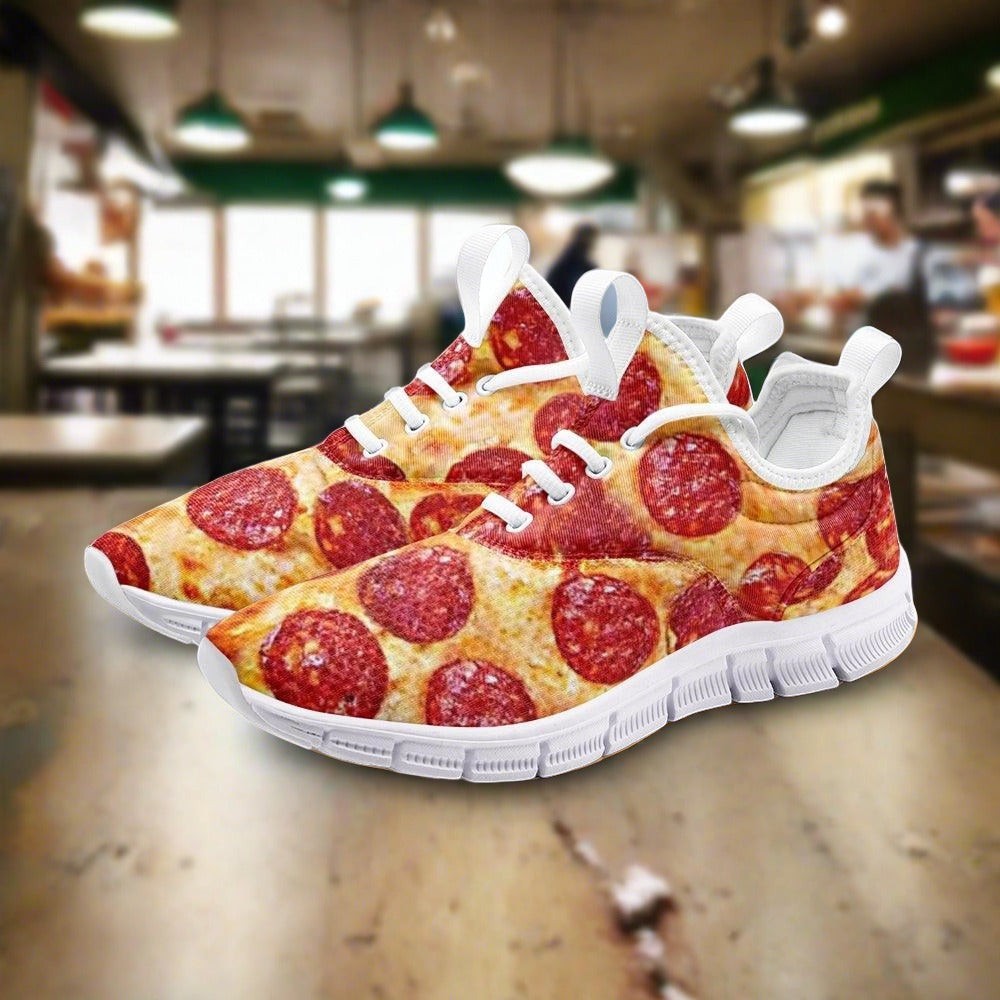Pepperoni Pizza hand-made high-top canvas shoes — unique wearable art by Freaky Shoes